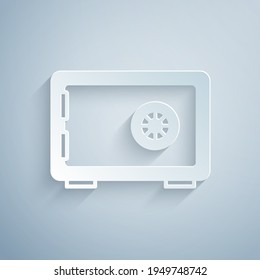 Paper cut Safe icon isolated on grey background. The door safe a bank vault with a combination lock. Reliable Data Protection. Paper art style. Vector