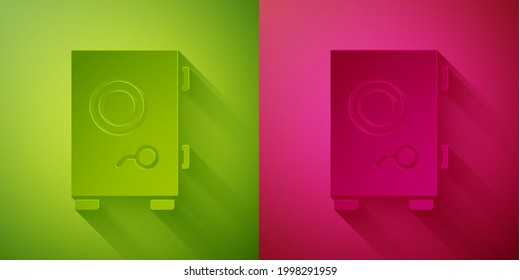 Paper cut Safe icon isolated on green and pink background. The door safe a bank vault with a combination lock. Reliable Data Protection. Paper art style. Vector Illustration