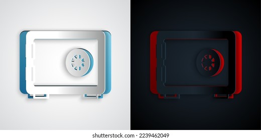 Icono de recorte de papel Seguro aislado en fondo gris y negro. La puerta protege una bóveda de banco con una cerradura combinada. Protección de datos fiable. Estilo de arte de papel. Vector