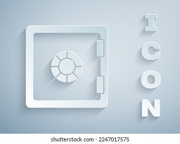 Paper cut Safe icon isolated on grey background. The door safe a bank vault with a combination lock. Reliable Data Protection. Paper art style. Vector