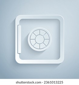Paper cut Safe icon isolated on grey background. The door safe a bank vault with a combination lock. Reliable Data Protection. Paper art style. Vector