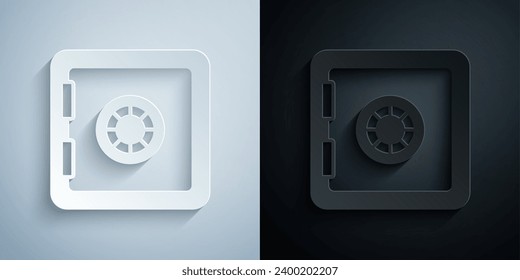 Paper cut Safe icon isolated on grey and black background. The door safe a bank vault with a combination lock. Reliable Data Protection. Paper art style. Vector