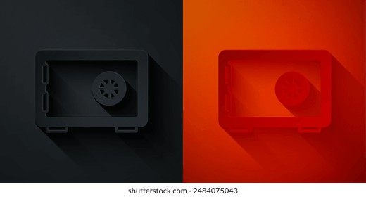 Icono de caja fuerte aislado sobre fondo negro y rojo. La puerta es segura con una bóveda de banco con una cerradura de combinación. Protección de datos fiable. Estilo de arte de papel. Vector