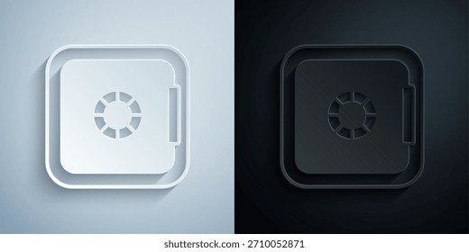 Papierschnitt Safe-Symbol einzeln auf grauem und schwarzem Hintergrund. Die Tür sichert ein Bankgewölbe mit einem Kombinationsschloss. Zuverlässiger Datenschutz. Papierkunststil. Vektorgrafik