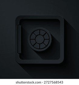Icono seguro del corte de papel aislado en fondo negro. La puerta es una caja fuerte de banco con una cerradura de combinación. Protección de datos fiable. Estilo de arte de papel. Vector