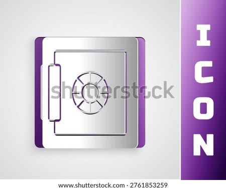 Paper cut Safe icon isolated on grey background. The door safe a bank vault with a combination lock. Reliable Data Protection. Paper art style. Vector