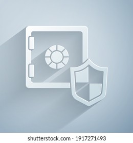 Paper cut Safe with shield icon isolated on grey background. Insurance concept. Security, safety, protection, protect concept. Paper art style. Vector