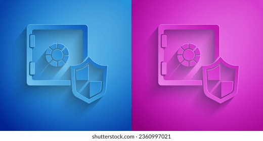Paper cut Safe with shield icon isolated on blue and purple background. Insurance concept. Security, safety, protection, protect concept. Paper art style. Vector