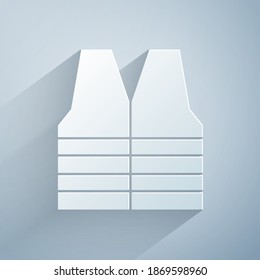 Paper cut Safety vest icon isolated on grey background. Paper art style. Vector