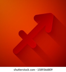 Paper cut Sagittarius zodiac sign icon isolated on red background. Astrological horoscope collection. Paper art style. Vector Illustration