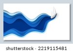Paper cut sail boat over sea wave vector. 3d craft art design. Travel background. Water cruise illustration. Nautical voyage, tour on yacht during vacation time advertisement