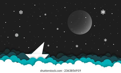 Paper cut sail boat over sea wave vector.cloud and snowflake.Abstract background paper in blue and white. A4 abstract color 3d paper art illustration set. Blue Night sky clouds paper craft style.eps10