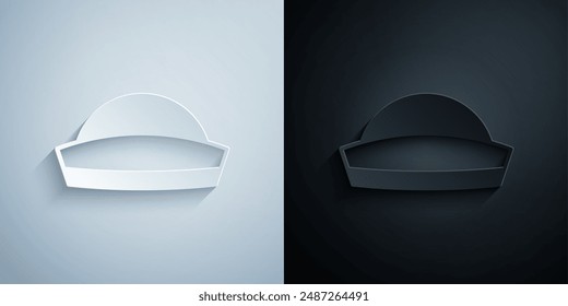 Icono de sombrero marinero cortado en papel aislado sobre fondo gris y negro. Estilo de arte de papel. Vector