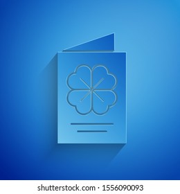 Paper cut Saint Patricks Day party flyer, brochure, holiday invitation, postcard, corporate celebration icon isolated on blue background. Paper art style. Vector Illustration