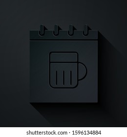 Paper cut Saint Patricks day with calendar icon isolated on black background. Four leaf clover symbol. Date 17 March. Paper art style. Vector Illustration
