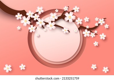 Paper cut sakura tree branch with blooming flowers, cherry blossom and circle frame, vector illustration. Spring background, floral banner, poster, flyer template with copy space.