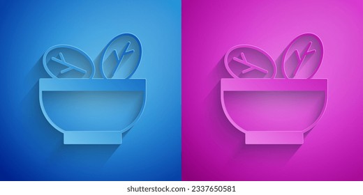 Paper cut Salad in bowl icon isolated on blue and purple background. Fresh vegetable salad. Healthy eating. Paper art style. Vector