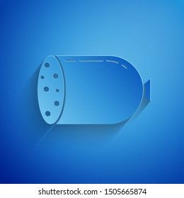 Paper cut Salami sausage icon isolated on blue background. Meat delicatessen product. Paper art style. Vector Illustration