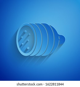 Paper cut Salami sausage icon isolated on blue background. Meat delicatessen product. Paper art style. Vector Illustration