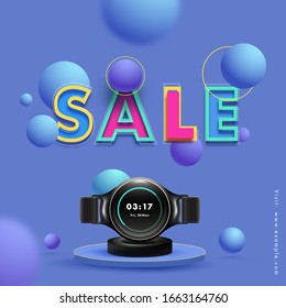 Paper Cut Sale Text with Smart Watch and 3D Spheres or Balls Decorated Blue Background.