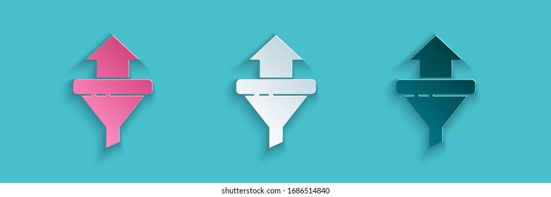 Cortar papel Embudo de ventas con flechas para el marketing y el icono de inicio de negocio aislado en fondo azul.Plantilla de infografía. Estilo de arte de papel. Ilustración vectorial