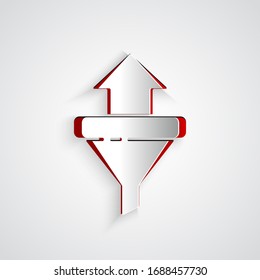 Paper cut Sales funnel with arrows for marketing and startup business icon isolated on grey background. Infographic template. Paper art style. Vector Illustration