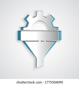 Paper cut Sales funnel with arrows for marketing and startup business icon isolated on grey background. Infographic template. Paper art style. Vector Illustration