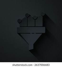 Paper cut Sales funnel with chart for marketing and startup business icon isolated on black background. Infographic template. Paper art style. Vector Illustration