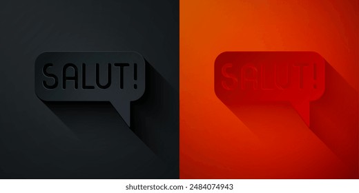 Paper cut Salut in different languages icon isolated on black and red background. Speech bubbles. Paper art style. Vector