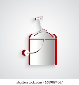 Paper cut Sand in bucket with shovel icon isolated on grey background. Plastic kid toy. Summer icon. Paper art style. Vector Illustration