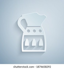 Paper cut Sangria pitcher icon isolated on grey background. Traditional spanish drink. Paper art style. Vector.
