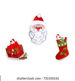Paper cut Santa Claus, Christmas stocking and present box, decoration elements, flat vector illustration isolated on white background. Flat style Santa Claus, Christmas stocking and present box
