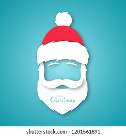 Paper cut Santa Claus isolated on blue background. Paper art style Christmas illustration. Vector banner.