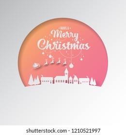 Paper cut of Santa sleigh flying into the winter village christmas night with phase text merry christmas