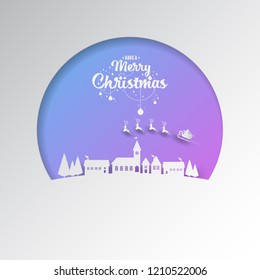 Paper cut of Santa sleigh flying into the winter village christmas night with phase text merry christmas