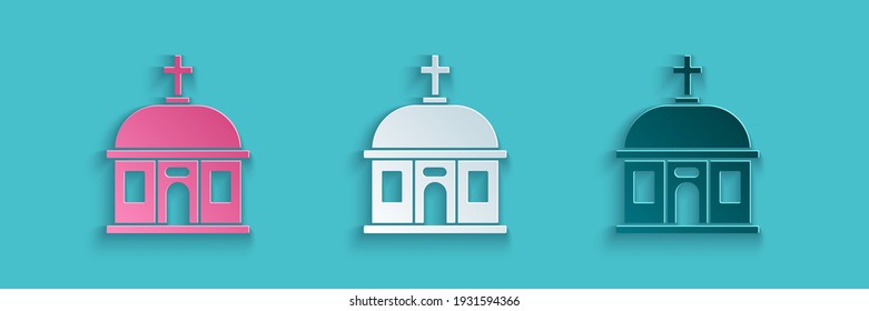 Paper cut Santorini building icon isolated on blue background. Traditional Greek white houses with blue roofs European culture. Paper art style. Vector