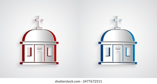 Paper cut Santorini building icon isolated on grey background. Traditional Greek white houses with blue roofs European culture. Paper art style. Vector