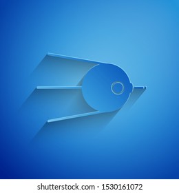 Paper cut Satellite icon isolated on blue background. Paper art style. Vector Illustration
