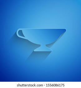 Paper cut Sauce boat icon isolated on blue background. Sauce bowl. Paper art style. Vector Illustration