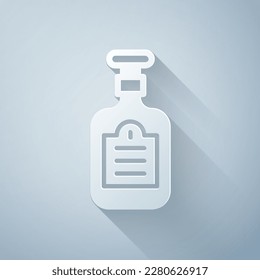 Paper cut Sauce bottle icon isolated on grey background. Ketchup, mustard and mayonnaise bottles with sauce for fast food. Paper art style. Vector