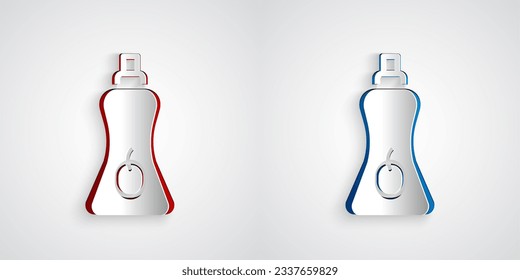 Paper cut Sauce bottle icon isolated on grey background. Ketchup, mustard and mayonnaise bottles with sauce for fast food. Paper art style. Vector