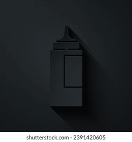 Paper cut Sauce bottle icon isolated on black background. Ketchup, mustard and mayonnaise bottles with sauce for fast food. Paper art style. Vector