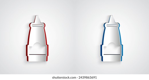 Paper cut Sauce bottle icon isolated on grey background. Ketchup, mustard and mayonnaise bottles with sauce for fast food. Paper art style. Vector