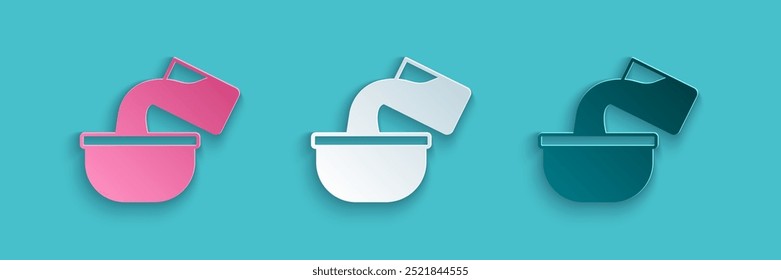 Papierschnitt-Saucepan-Symbol einzeln auf blauem Hintergrund. Kochtopf. Symbol für kochendes oder eintopfendes Essen. Papierkunststil. Vektorgrafik