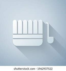 Paper cut Sauna bucket and ladle icon isolated on grey background. Paper art style. Vector Illustration