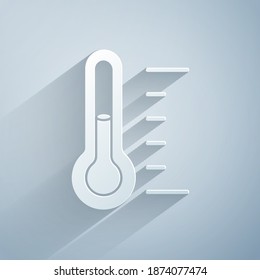 Paper cut Sauna thermometer icon isolated on grey background. Sauna and bath equipment. Paper art style. Vector