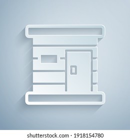 Paper cut Sauna wooden bathhouse icon isolated on grey background. Heat spa relaxation therapy bath and hot steam healthcare, relax therapy. Paper art style. Vector.