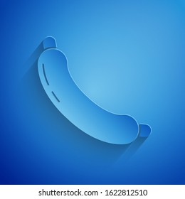 Paper cut Sausage icon isolated on blue background. Grilled sausage and aroma sign. Paper art style. Vector Illustration