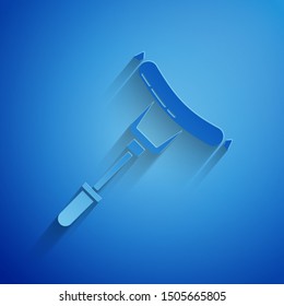 Paper cut Sausage on the fork icon isolated on blue background. Grilled sausage and aroma sign. Paper art style. Vector Illustration