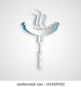Paper cut Sausage on the fork with steam icon isolated on grey background. Grilled sausage and aroma sign. Paper art style. Vector Illustration